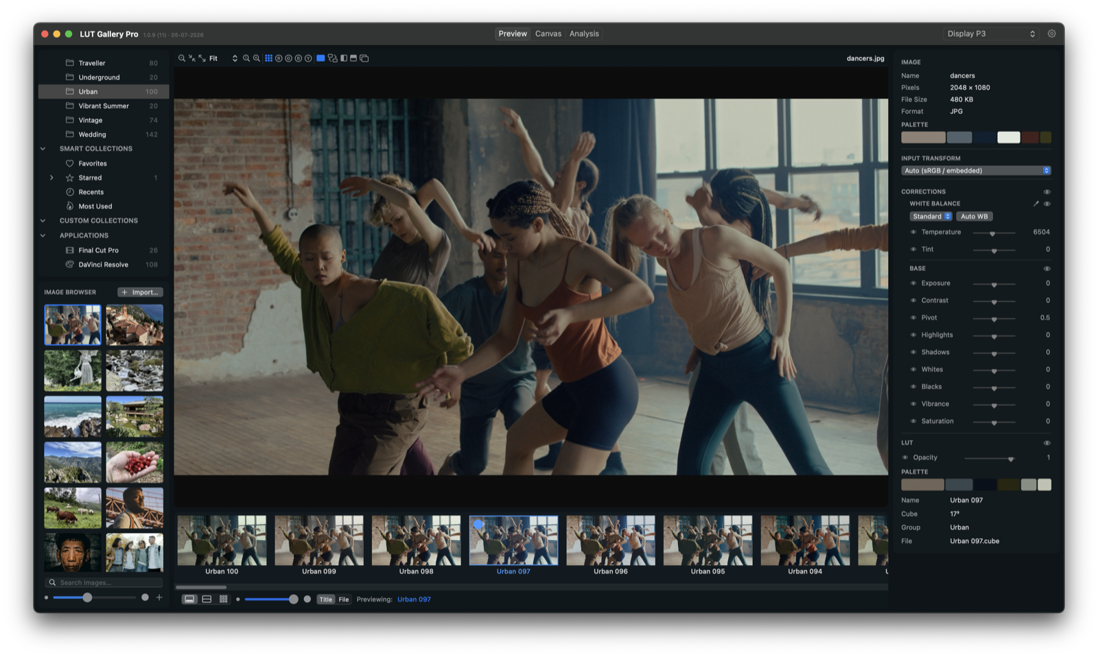 LUT Gallery in Preview mode: LUT library on the left, hero image in the centre, grade inspector on the right, LUT film strip along the bottom.